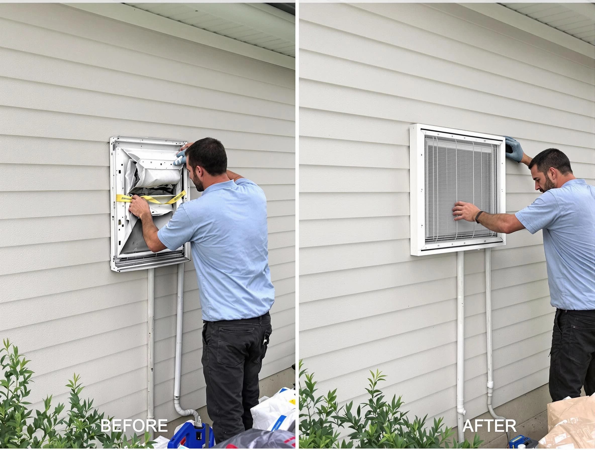 Marlborough Dryer Vent Cleaning technician installing high-quality dryer vent cover at a residential property in Marlborough