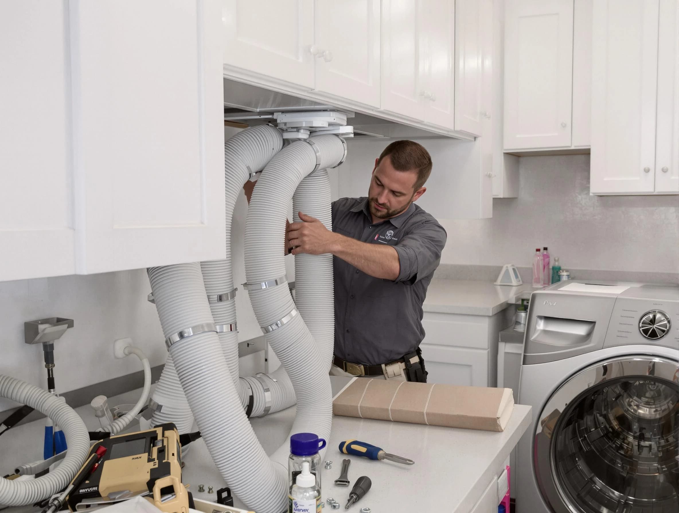 Marlborough Dryer Vent Cleaning technician installing a new professional-grade dryer vent hose in Marlborough