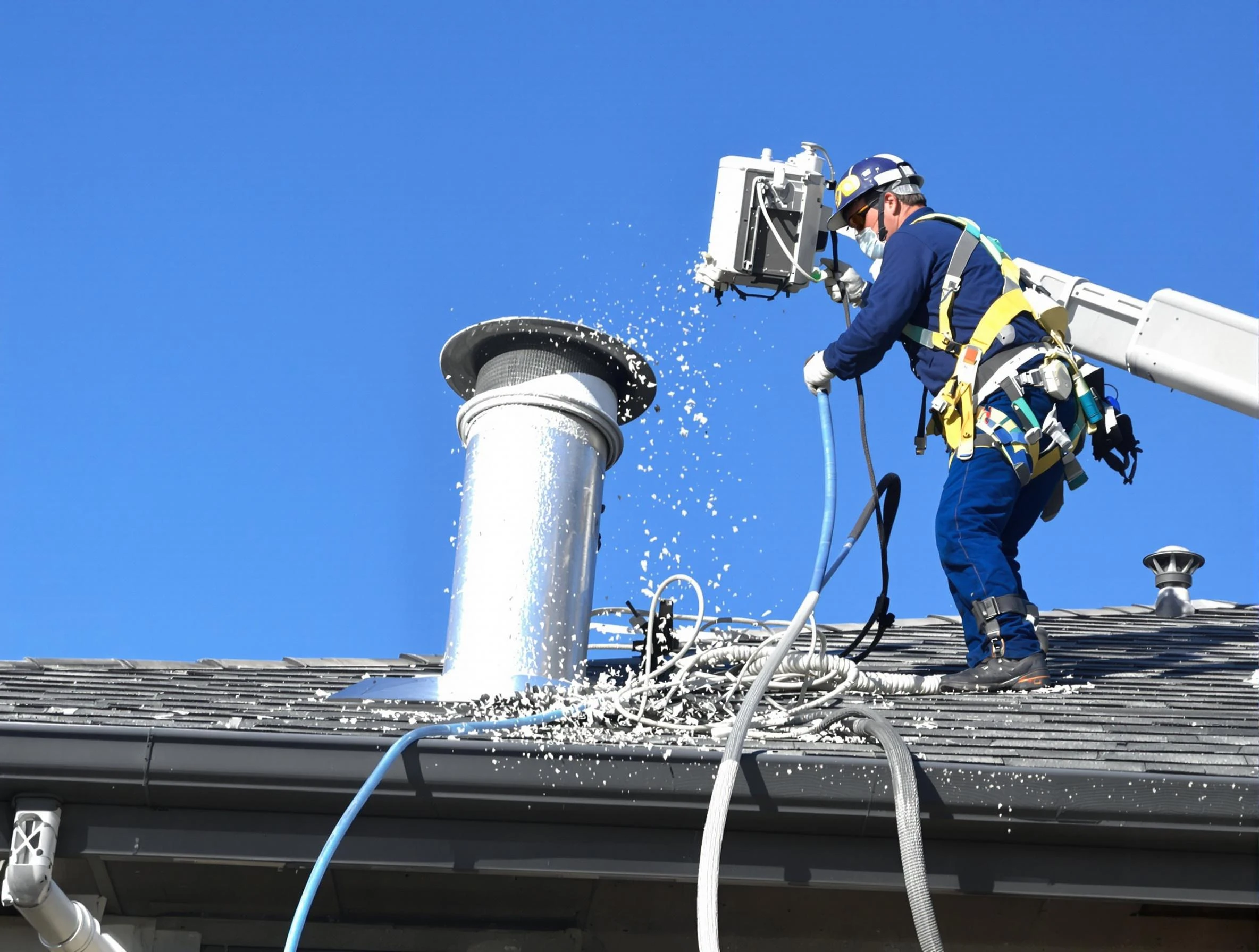 Marlborough Dryer Vent Cleaning certified technician safely cleaning a roof-mounted dryer vent in Marlborough
